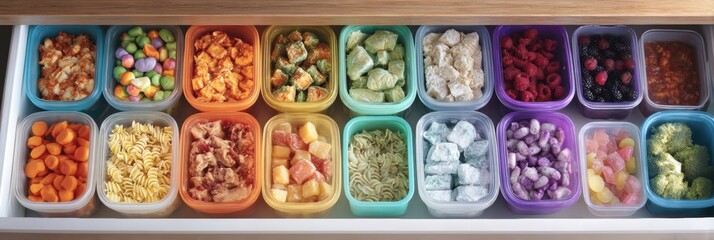 Aufkleber - Organized Drawer Filled With Convenient Frozen Meals for Children, Featuring Colorful Containers and a Bright Layout