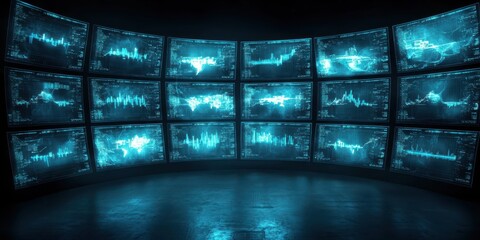 Aufkleber - Business confident finance concept. Futuristic control room with multiple screens displaying data visualizations.