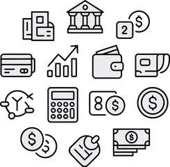 Fototapete - Minimalist black and white finance icons including calculator, dollar sign, wallet, piggy bank, and credit card.





