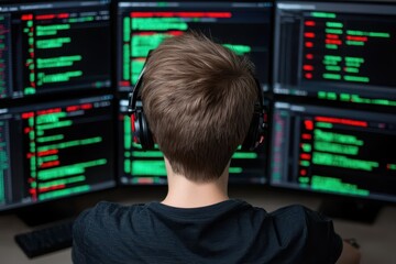 Aufkleber - Business confident finance concept. Person focused on coding at multiple screens displaying colorful data.