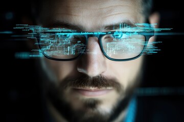 Aufkleber - Business confident finance concept. A man with glasses looks intensely at digital data streams floating before him.