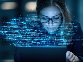 Aufkleber - Business confident finance concept. A person working on a laptop with digital data overlay, symbolizing technology and innovation.