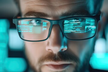 Aufkleber - Business confident finance concept. Focused individual with glasses displaying programming code reflected in lenses.