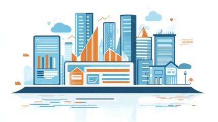 Modern city skyline with data visualizations