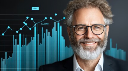 Aufkleber - Business confident finance concept. Professional man smiling with a beard, surrounded by data and graphs in a modern setting.