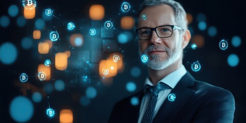 Aufkleber - Business confident finance concept. Businessman with glasses and blockchain graphics in the background.