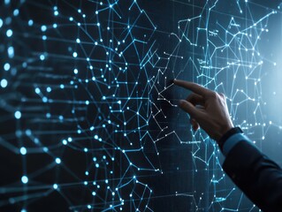 Aufkleber - Business confident finance concept. A hand interacts with a digital network visualization on a screen.