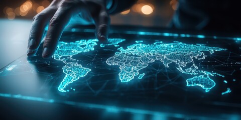 Aufkleber - Business confident finance concept. A hand interacts with a glowing digital map of the world, showcasing connectivity and technology.