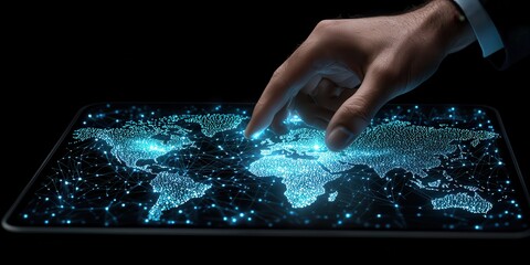 Poster - Business confident finance concept. Interactive digital map with a hand touching the screen, showcasing a network of connections globally.