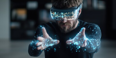 Poster - Business confident finance concept. A man in VR goggles interacts with digital elements in a futuristic setting.