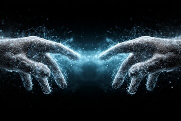Poster - Two Hands Reaching Across a Glowing Blue Network - Two hands, in a network of glowing blue lines, reach towards each other across a dark background. Symbolizing connection, unity, technology, hope