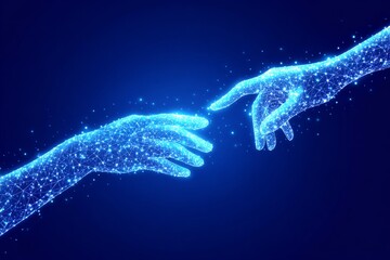 Poster - Two Hands Reaching Network Connection - Symbolizing connection, collaboration, support, unity, and interaction. Two glowing hands reach towards each other, forming a network of light