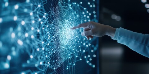 Aufkleber - Business confident finance concept. A hand interacts with a digital network display, showcasing technology and data visualization.