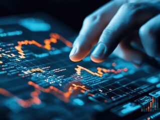 Aufkleber - Business confident finance concept. A hand interacting with digital financial data on a touchscreen interface.