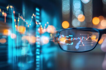 Aufkleber - Business confident finance concept. Futuristic glasses displaying digital financial data and graphs with bokeh lights in the background.