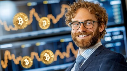 Poster - Business confident finance concept. Confident man with curly hair smiles in front of cryptocurrency graphics and charts.