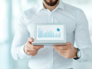 Aufkleber - Business confident finance concept. A man displays digital graphs on a tablet in a professional setting.