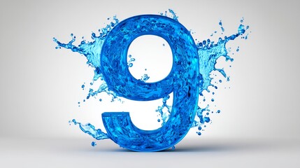 Poster - Water Number Nine Splash Sketch - A 3D  of the number nine formed from water, with dynamic splashes, symbolizing freshness, purity, fluidity, energy, and completion