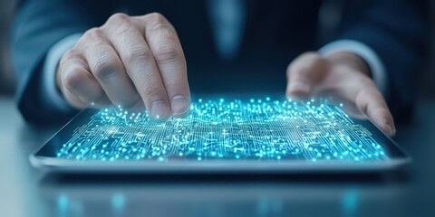 Aufkleber - Business confident finance concept. Futuristic hand interacting with glowing digital interface on a tablet.