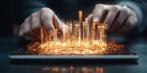 Aufkleber - Business confident finance concept. Futuristic cityscape emerging from a digital tablet with hands interacting with it.
