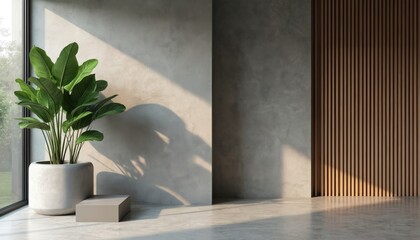 Poster - Modern interior design with green plant in concrete pot. Textured wall and wooden paneling, sunlight create stylish atmosphere. Minimalist home decor with urban and natural elements in a bright room.