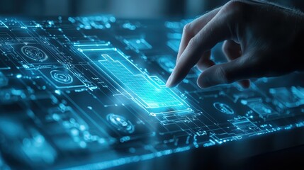 Aufkleber - Business confident finance concept. Futuristic hand interacting with a digital interface displaying glowing blue technology patterns.