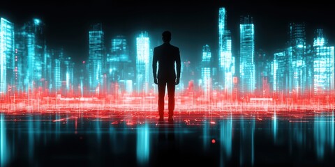 Poster - Business confident finance concept. A silhouette stands before a futuristic cityscape illuminated by neon lights.