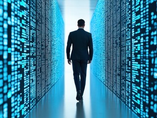 Aufkleber - Business confident finance concept. A businessman walks through a corridor of glowing digital data.
