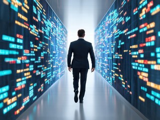 Aufkleber - Business confident finance concept. A person walks through a digital corridor filled with glowing data displays.