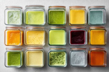 Poster - Frozen Soups in Glass Containers Arranged Neatly on a Light Surface Showcasing a Vibrant Array of Colors and Textures