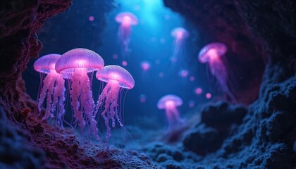 Aufkleber - Bioluminescent jellyfish in dark underwater cave. Glowing purple blue jellies floating. Marine life, ocean fantasy world, underwater scene. Aquatic animals, deep sea nature.