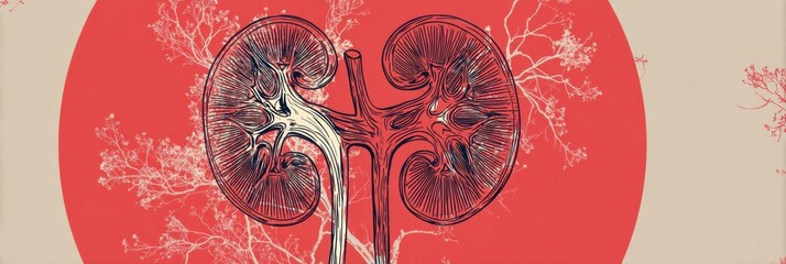 Poster - Minimalist Line Art Featuring a Kidney With Heart-Shaped Veins in a Warm, Faded Backdrop