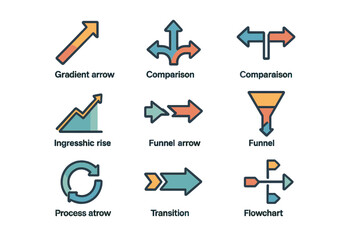 Poster - Colorful arrow icons set featuring gradient, funnel, and process symbols