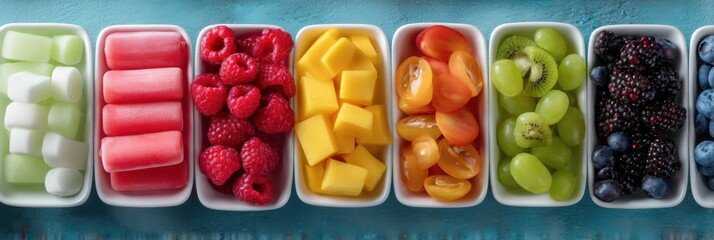 Poster - Colorful Assortment of Healthy Frozen Snacks on a Vibrant Board Ready for Enjoyment at a Sunny Gathering