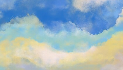 Poster - serene watercolor sky with soft pastel clouds for digital background, website hero, banner, poster, or branding with textured brush strokes and light filled atmosphere

