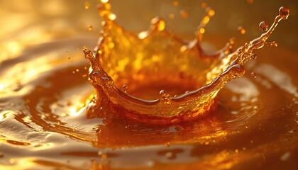 Leinwandbilder - Liquid splash illustration with yellowish tint. Dynamic water crown splash, close-up, shows water droplets. Gold color, liquid flow, abstract art, water design for beverage brand or product promotion.
