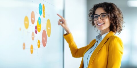 Aufkleber - business confident portrait concept. Professional woman presenting data on a wall display, smiling confidently in a bright workspace.