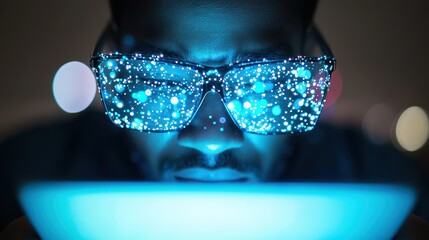Poster - business confident portrait concept. A person wearing stylish glasses looks intently at a glowing blue surface.