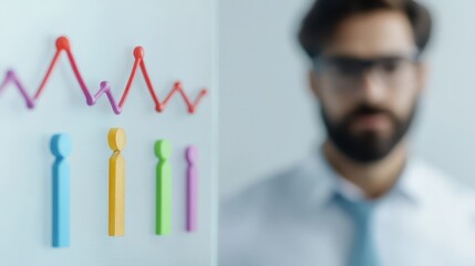 Aufkleber - business confident portrait concept. Businessman analyzing data trends through colorful visuals on a glass board.