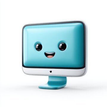 Cute blue computer monitor smiling on white background