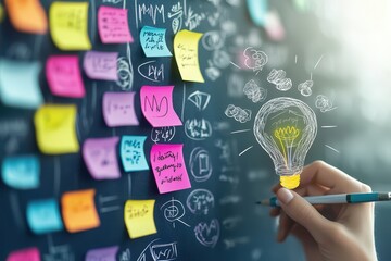 Poster - business confident portrait concept. Creative brainstorming with sticky notes and a lightbulb illustration on a chalkboard.