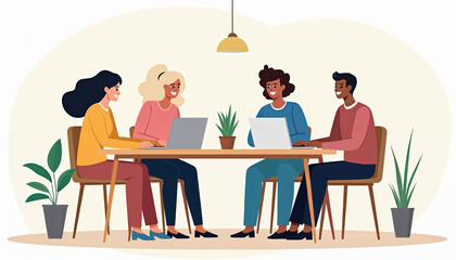 Poster - Group of diverse people collaborate around table with laptops. Team works in office, exchanging ideas, discussing, brainstorming. Concept of teamwork, meeting, discussion, technology, workspace,