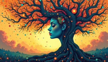 Poster - Illustration depicts woman tree of life. Woman profile, tree branches with colorful ornaments. Abstract art in bright colors. Nature, fantasy, spirituality, harmony concept.