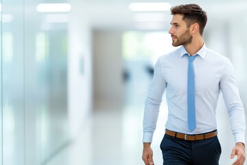 Poster - business confident portrait concept. A man in a business outfit walking confidently in a modern office corridor.