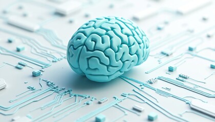 Fototapete - Illustration of 3d brain icon with blue outline on white background. Futuristic concept of network connections, circuits, digital technology. Neural network, AI, machine learning. Innovation,