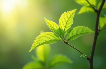 Poster - Close-up shot of vibrant green leaves illuminated by sunlight. Photo of foliage with transparent texture shows sunlight passing through leaf, forming delicate light patterns. Nature scene,