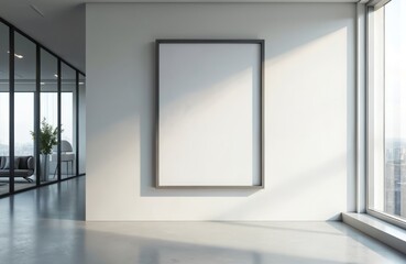 Aufkleber - Modern office interior with blank advertising banner mockup on white wall. Empty frame poster on display in modern design with glass window. Advertisement copy space, commercial concept.