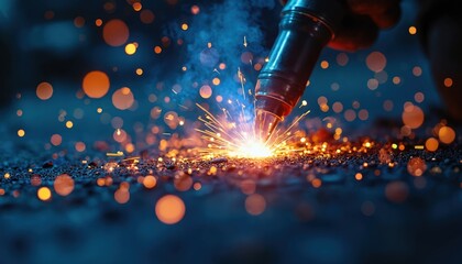 Poster - Welding torch melting metal with sparks, creating industrial orange and blue light effect on dark background. Technician performs metalwork using modern technology in workshop.