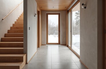 Aufkleber - Modern house interior hallway. Wooden staircase with natural light. Empty corridor, big window with snowy winter landscape outside. New modern design, luxury style, wooden stairs, home entrance.