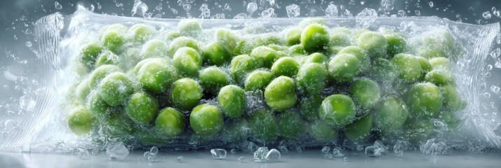 Poster - Bright 3D Illustration of Frozen Peas in a Resealable Bag With a Faded Right Zone Highlighting Freshness and Quality
